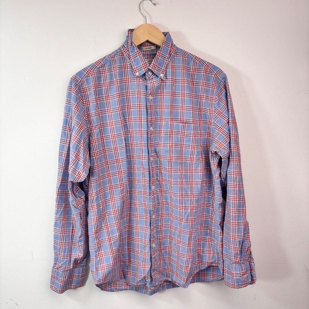 J Crew Classic Plaid Button Down Shirt Medium Blue Red Cotton Preppy Mens